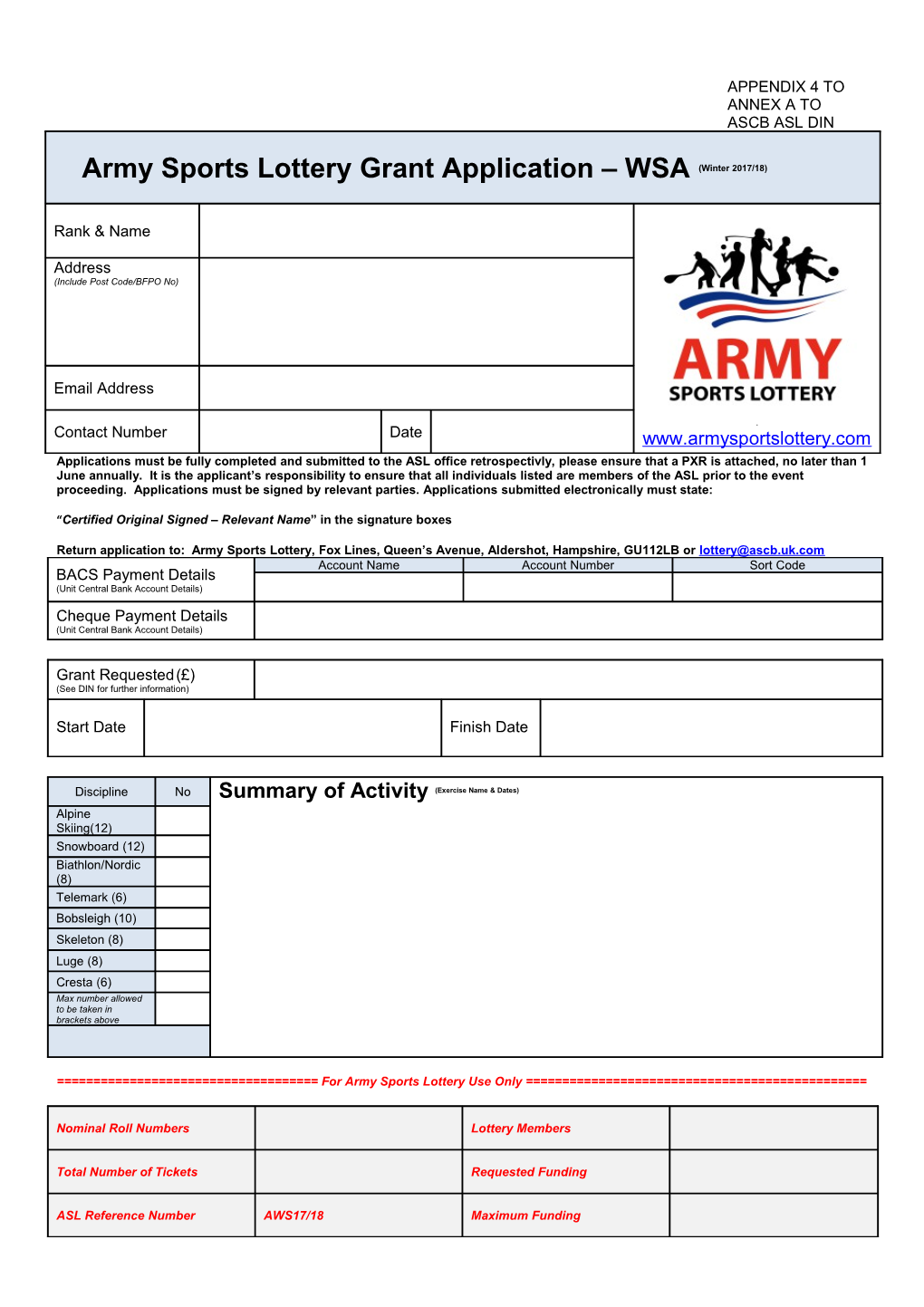 Army Sports Lottery Grant Application