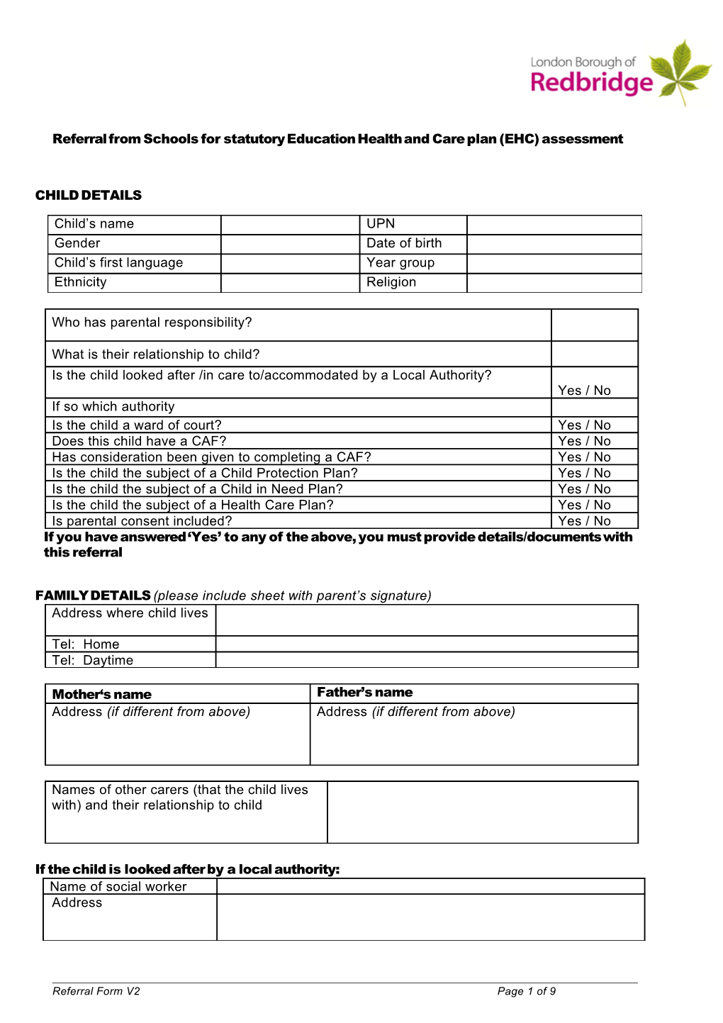 Referral for Statutory Assessment