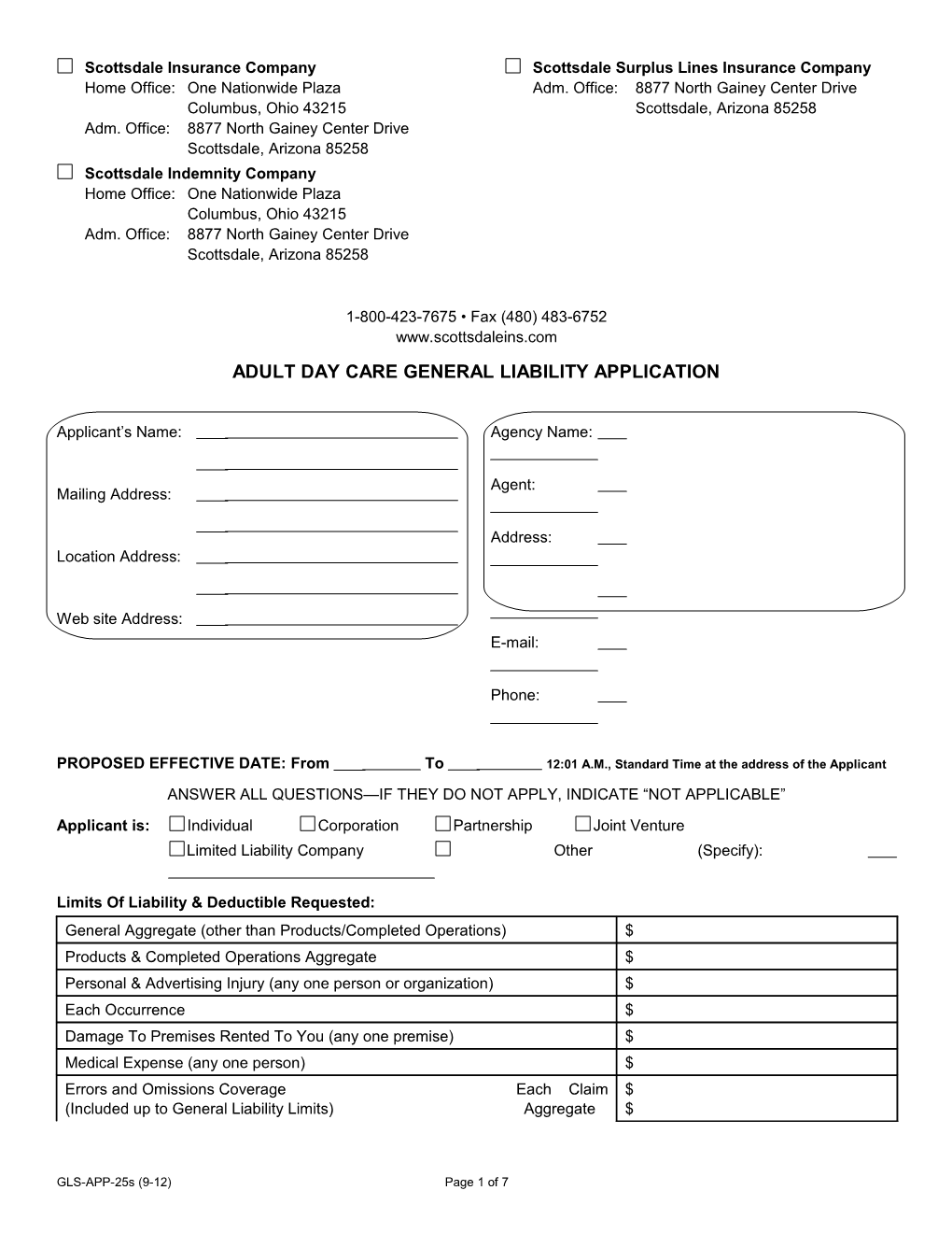 Adult Day Care General Liability Application