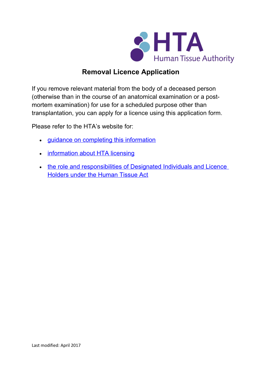 DRAFT HTA-TEM-031 Removal Licence Application Form