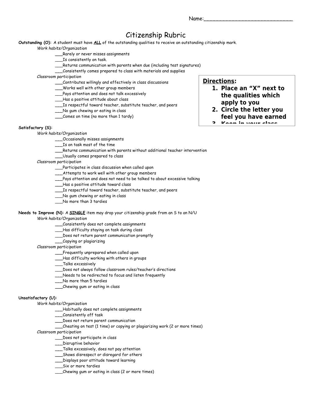 Citizenship Rubric