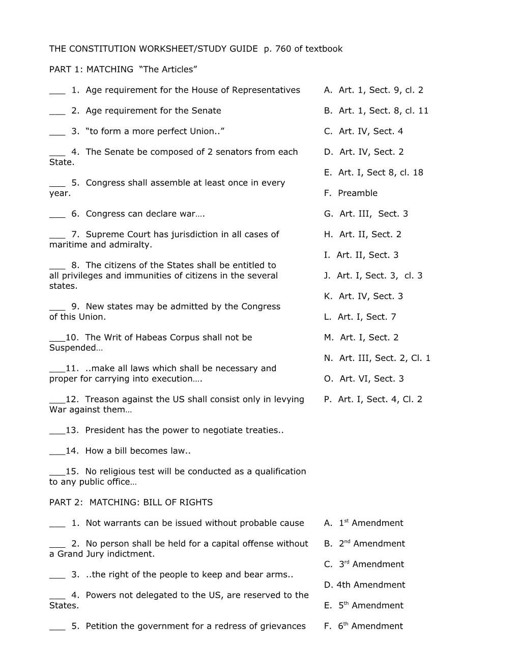The Constitution Worksheet/Study Guide