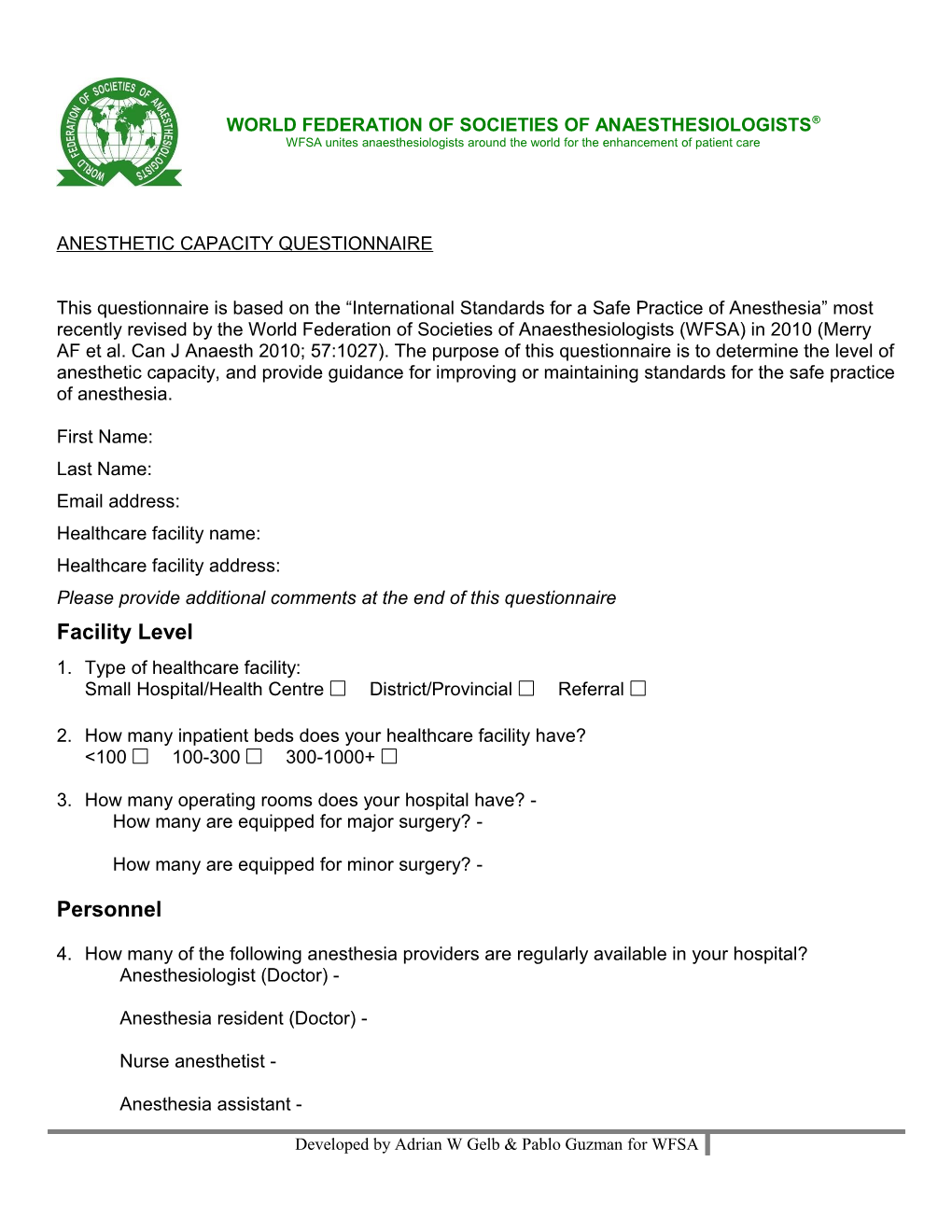 Anesthetic Capacity Questionnaire