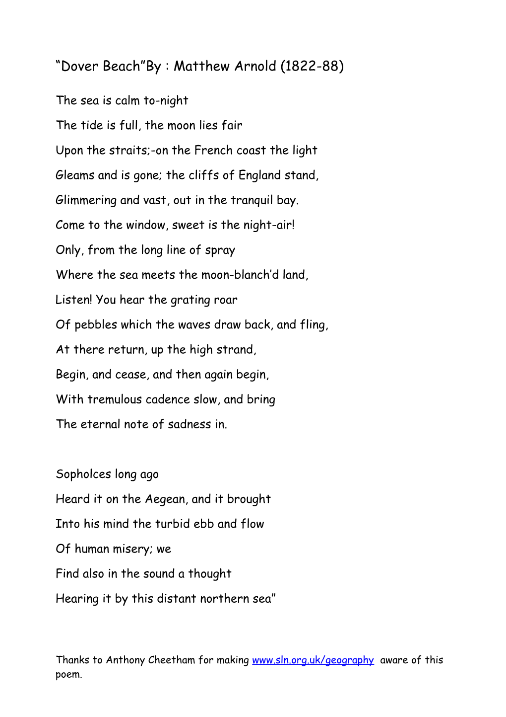 Dover Beach by : Matthew Arnold (1822-88)