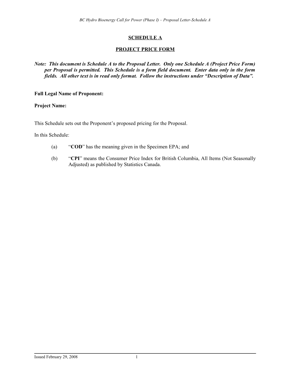 Bioenergy Call for Power (Phase I) - Proposal Letter-Schedule A