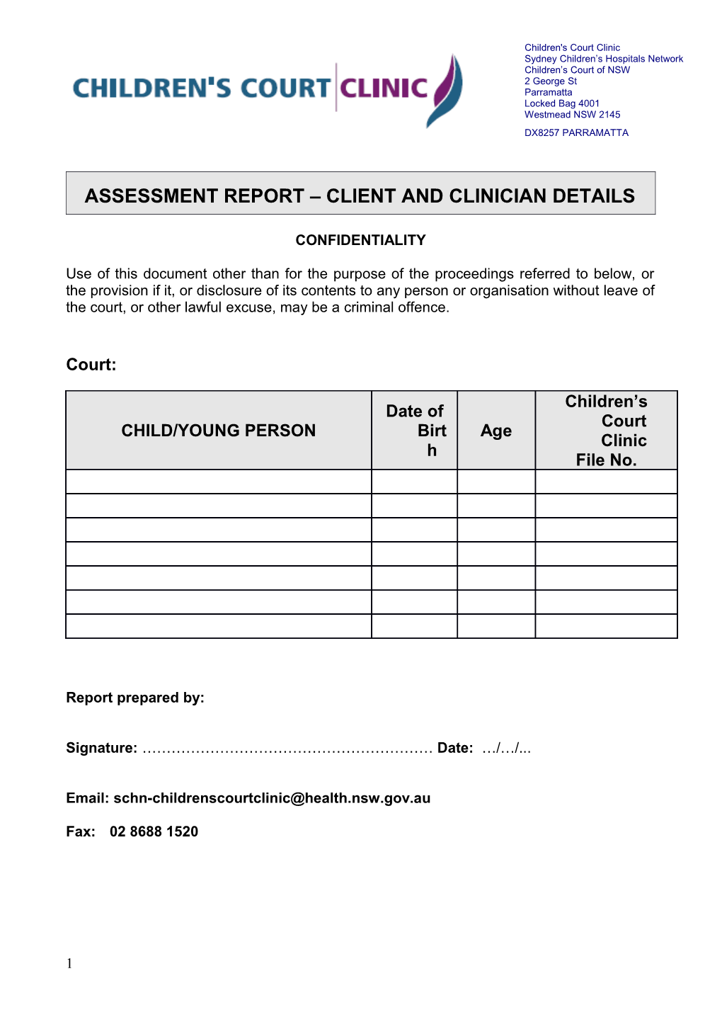 Assessment Report Client and Clinician Details