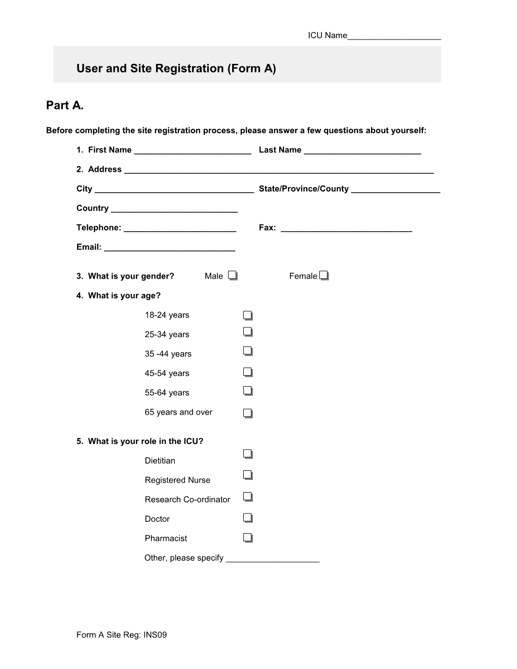 User and Site Registration (Form A)