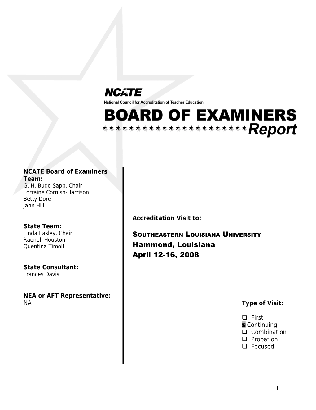 Board of Examiners Report