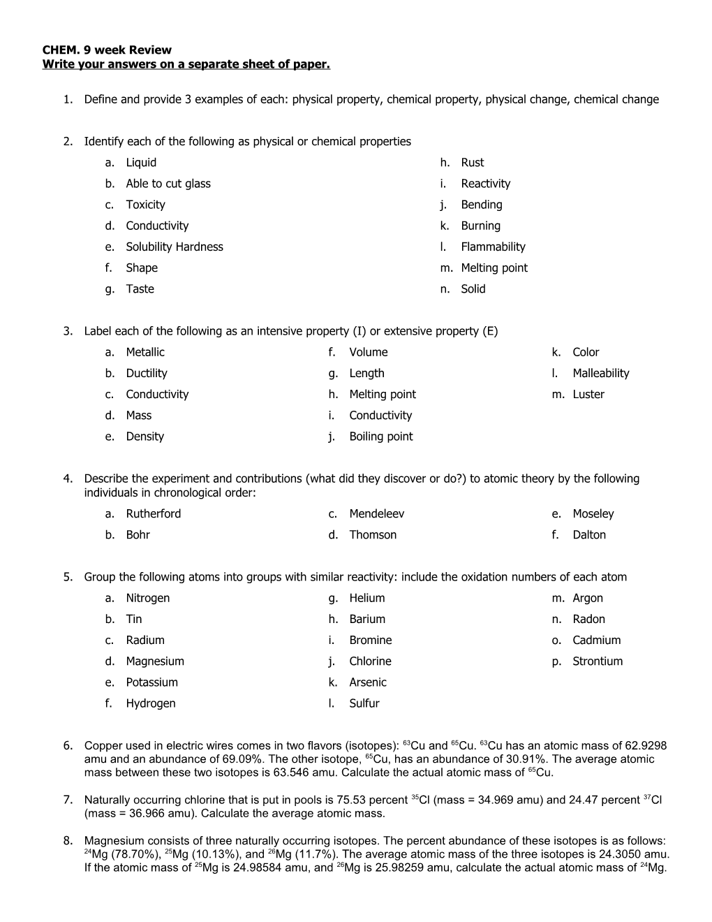 CHEM. 9 Week Review