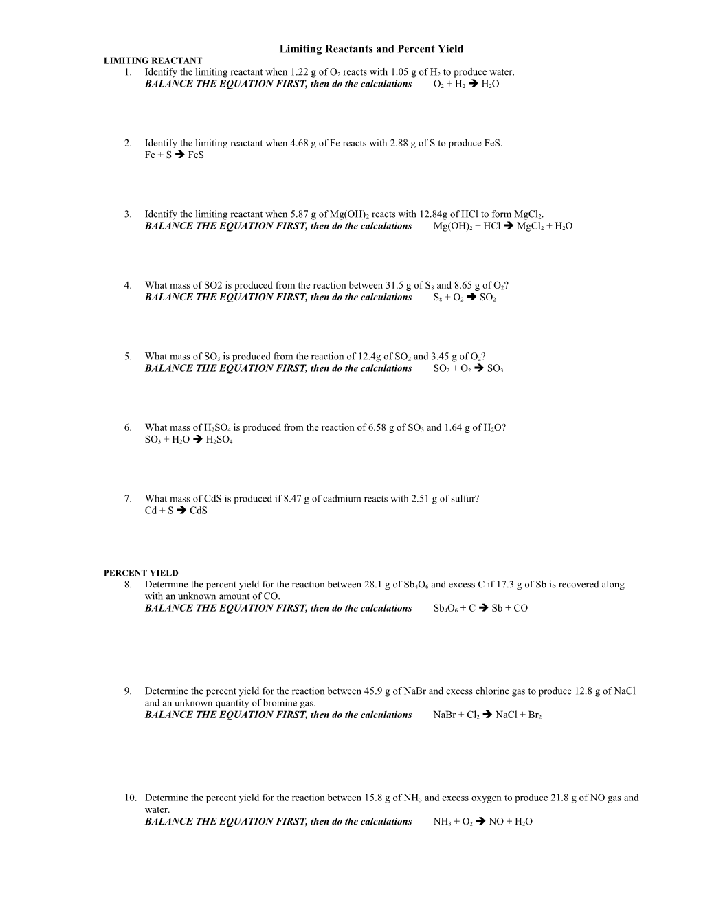 Limiting Reactants and Percent Yield