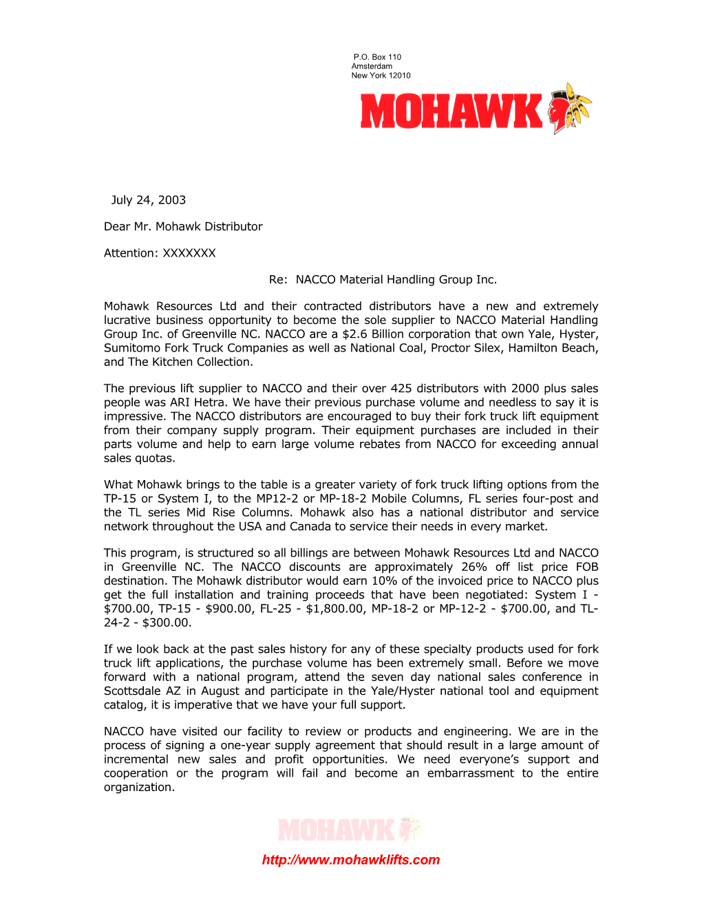 Dear Mr. Mohawk Distributor