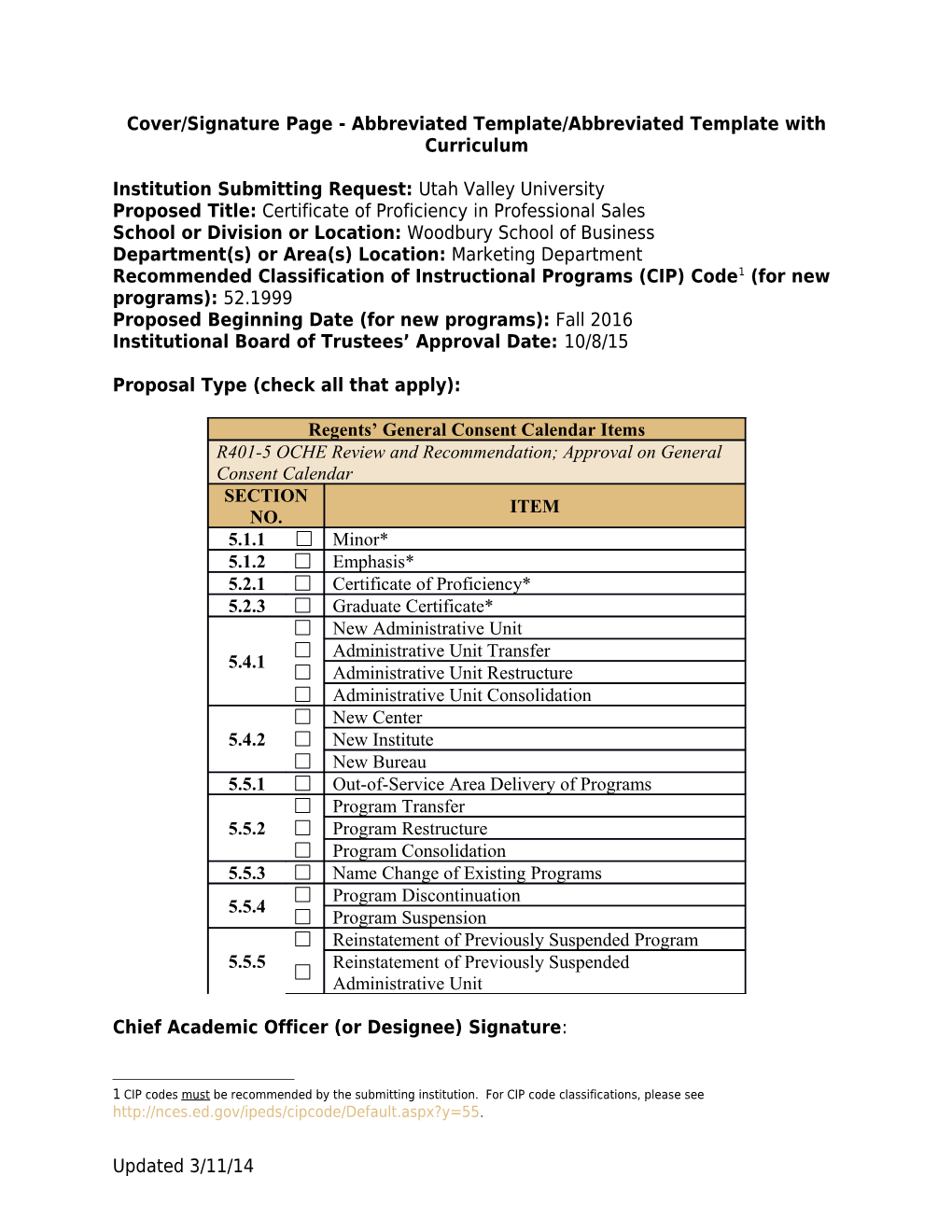 Cover/Signature Page - Abbreviated Template/Abbreviated Template with Curriculum