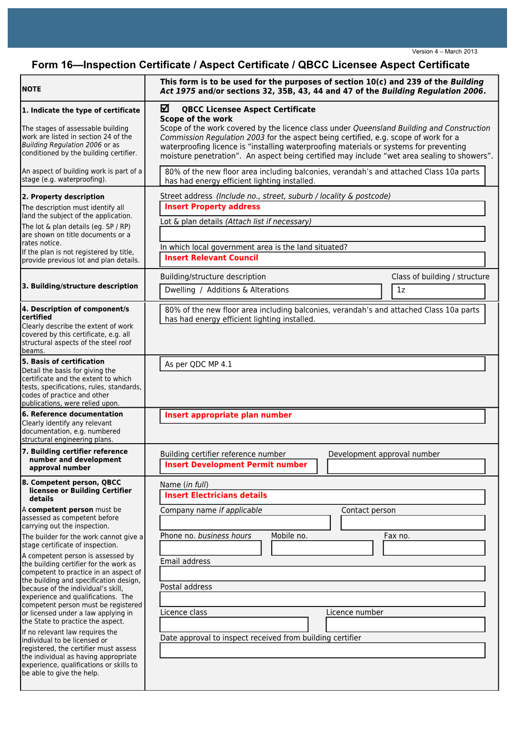 Form 16 Inspection Certificate/Aspect Certificate/Queensland Building Services Authority