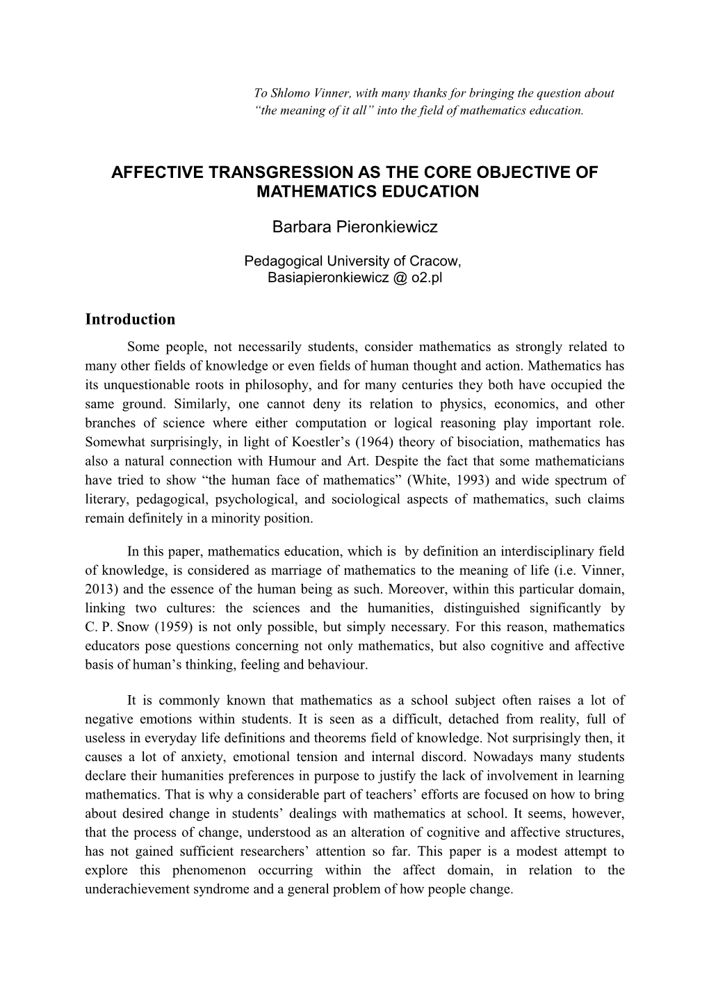 Affective Transgression As the Core Objective of Mathematics Education