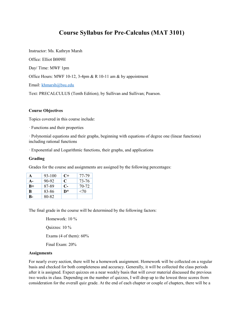 Course Syllabus for Pre-Calculus (MAT 3101)