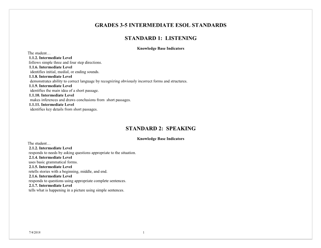 Grades 3-5 Intermediate Esol Standards