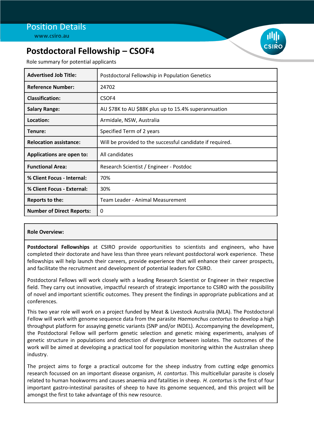 Position Details - Postdoctoral Fellowship - CSOF4