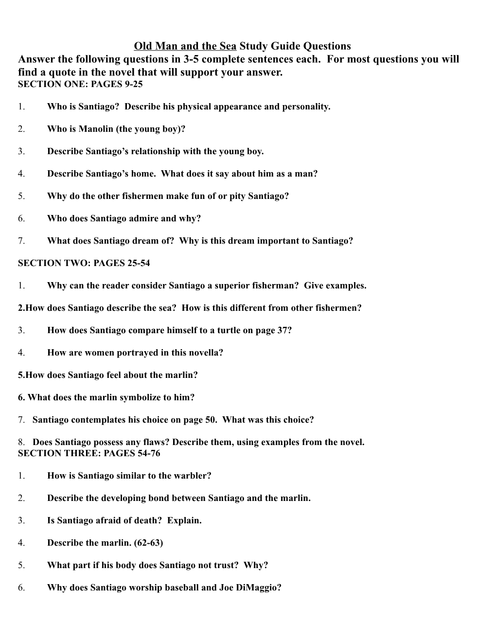 Old Man and the Sea Study Guide Answers s1