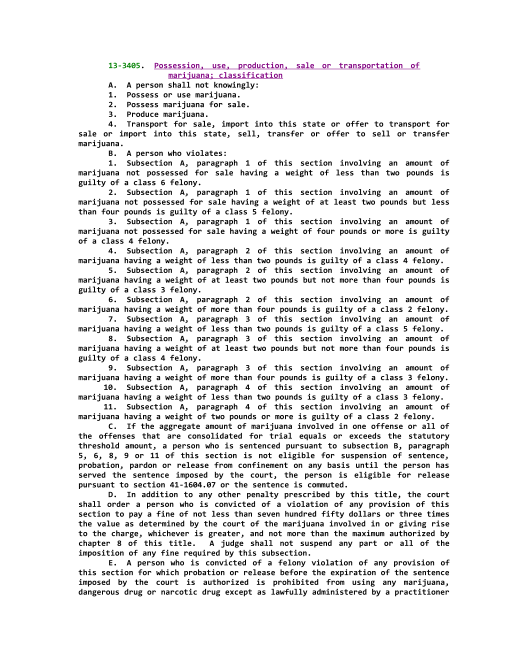 13-3405; Possession, Use, Production, Sale Or Transportation of Marijuana; Classification