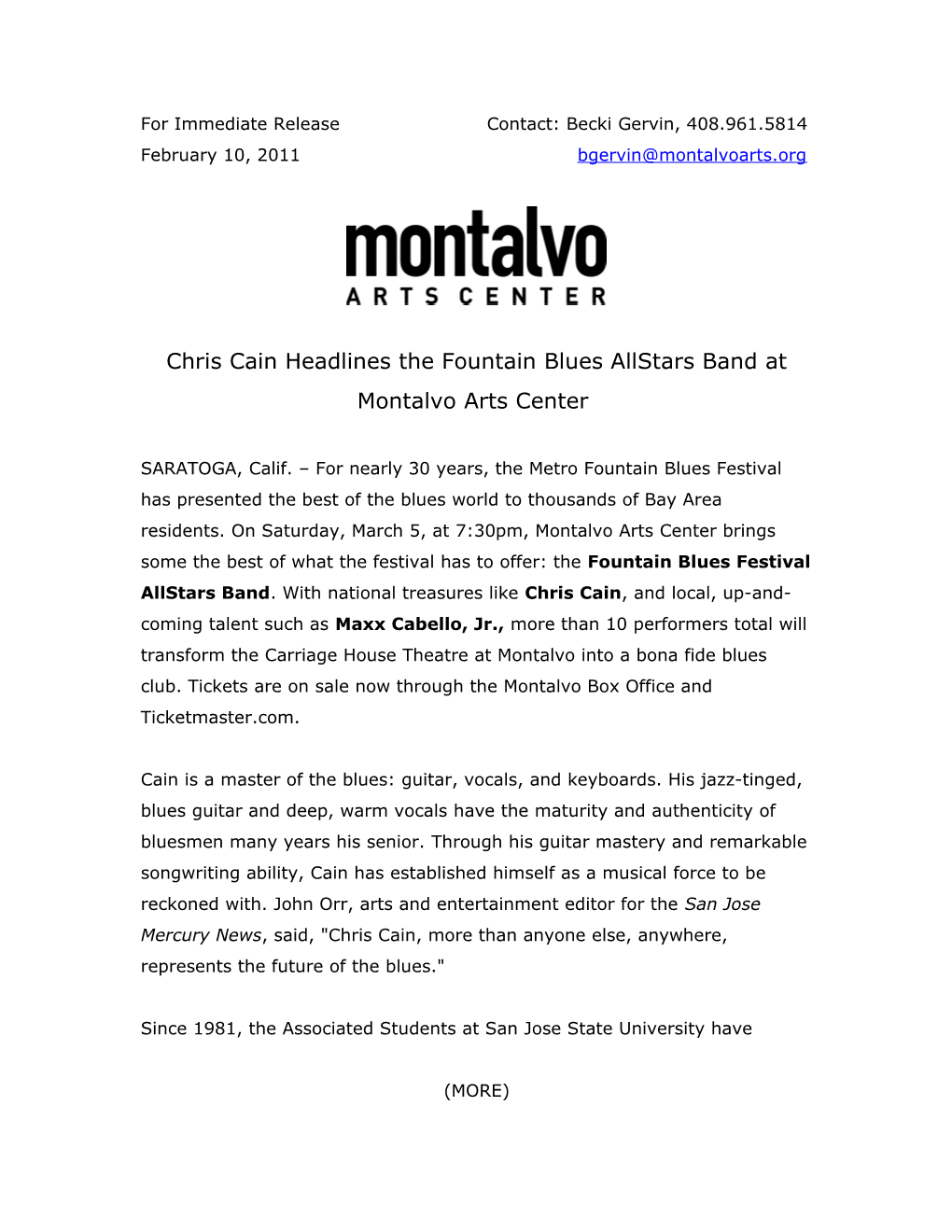 Chris Cain Headlines the Fountain Blues Allstars Band at Montalvo Arts Center