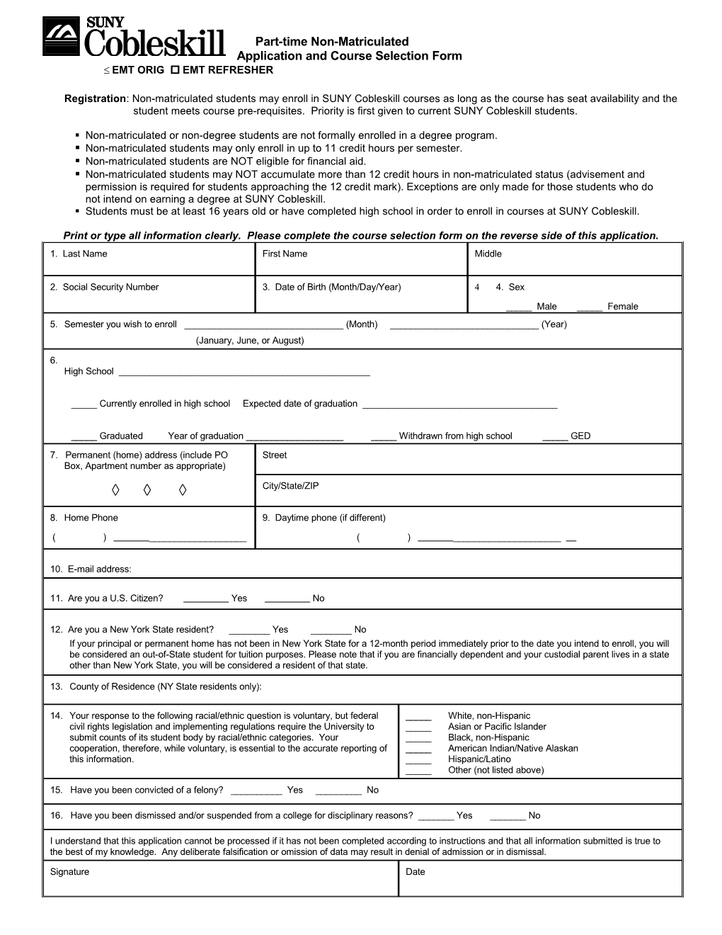 Application and Course Selection Form