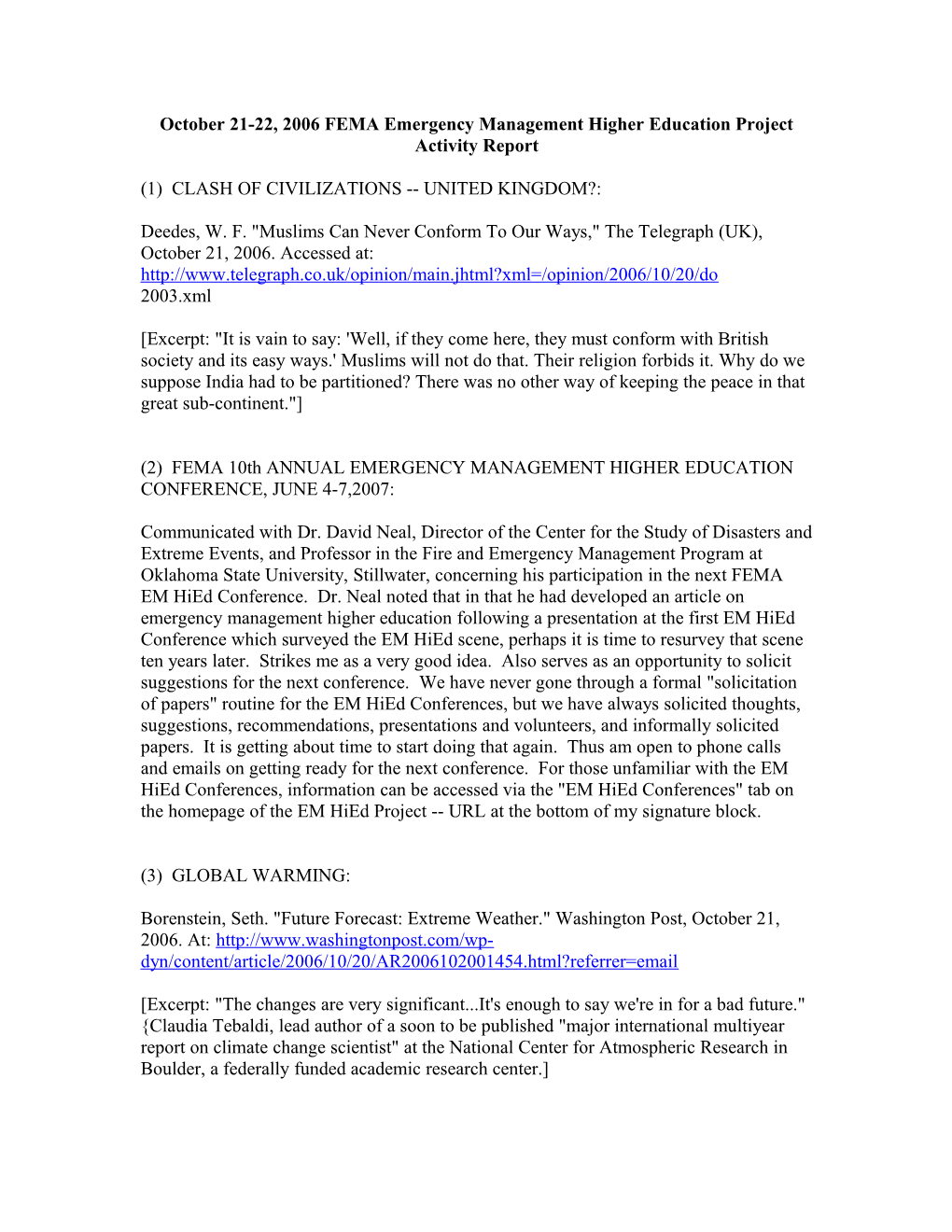 October 21-22, 2006 FEMA Emergency Management Higher Education Project Activity Report