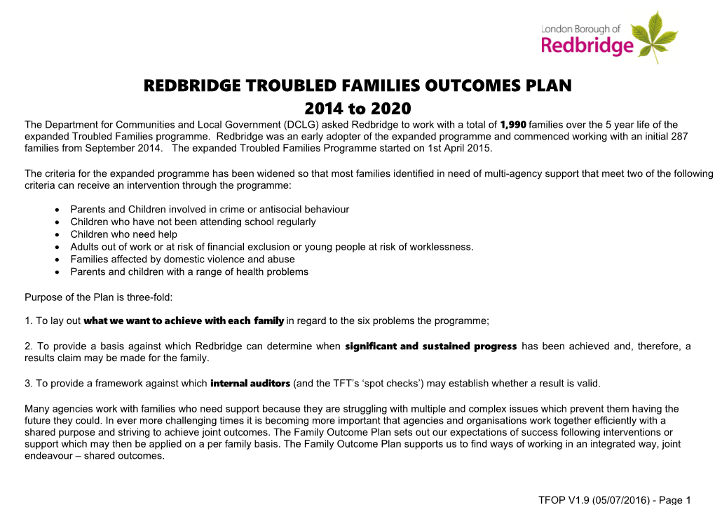 Redbridge Troubled Families Outcomes Plan