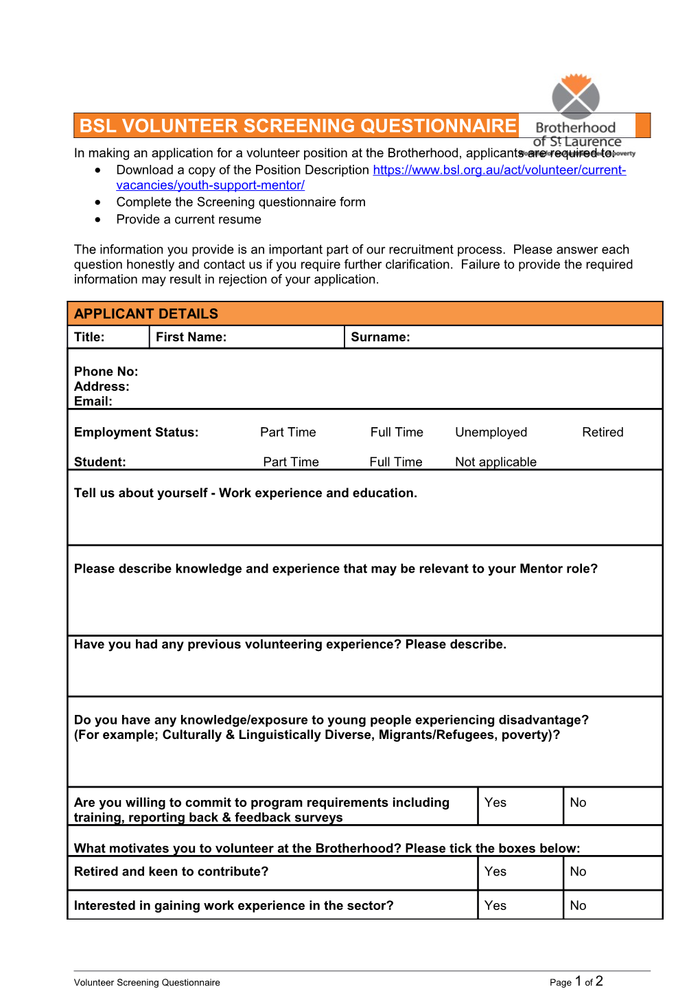 Bsl Volunteer Screening Questionnaire