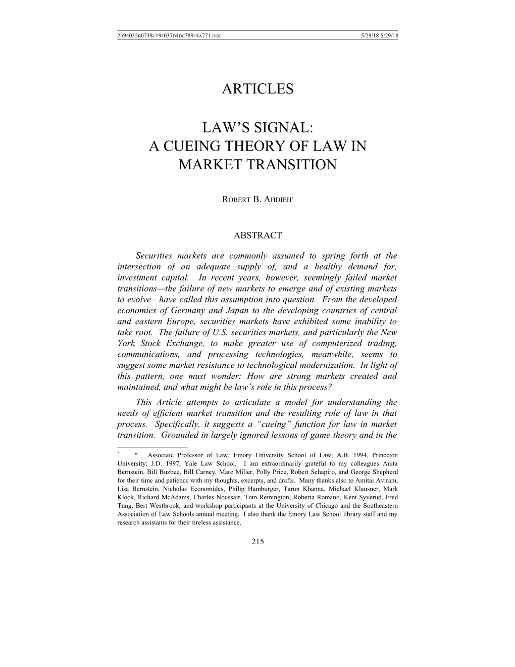 Law S Signal: a Cueing Theory of Law in Market Transition