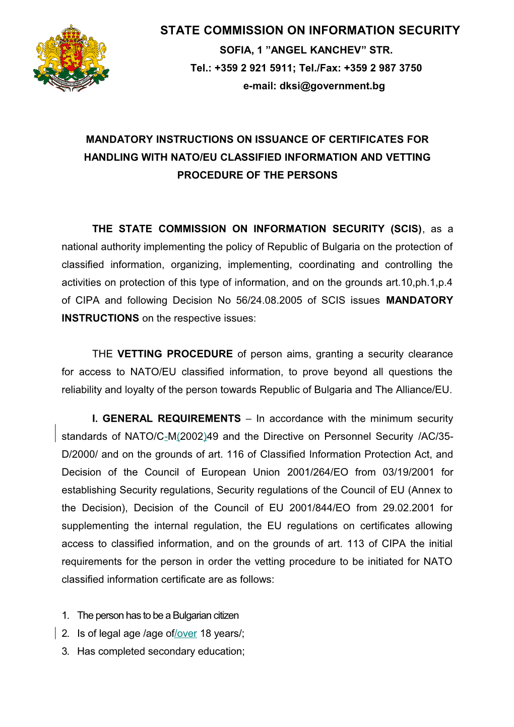Mandatory Instructions on Issuance of Certificates for Operation with Nato/Eu Classified