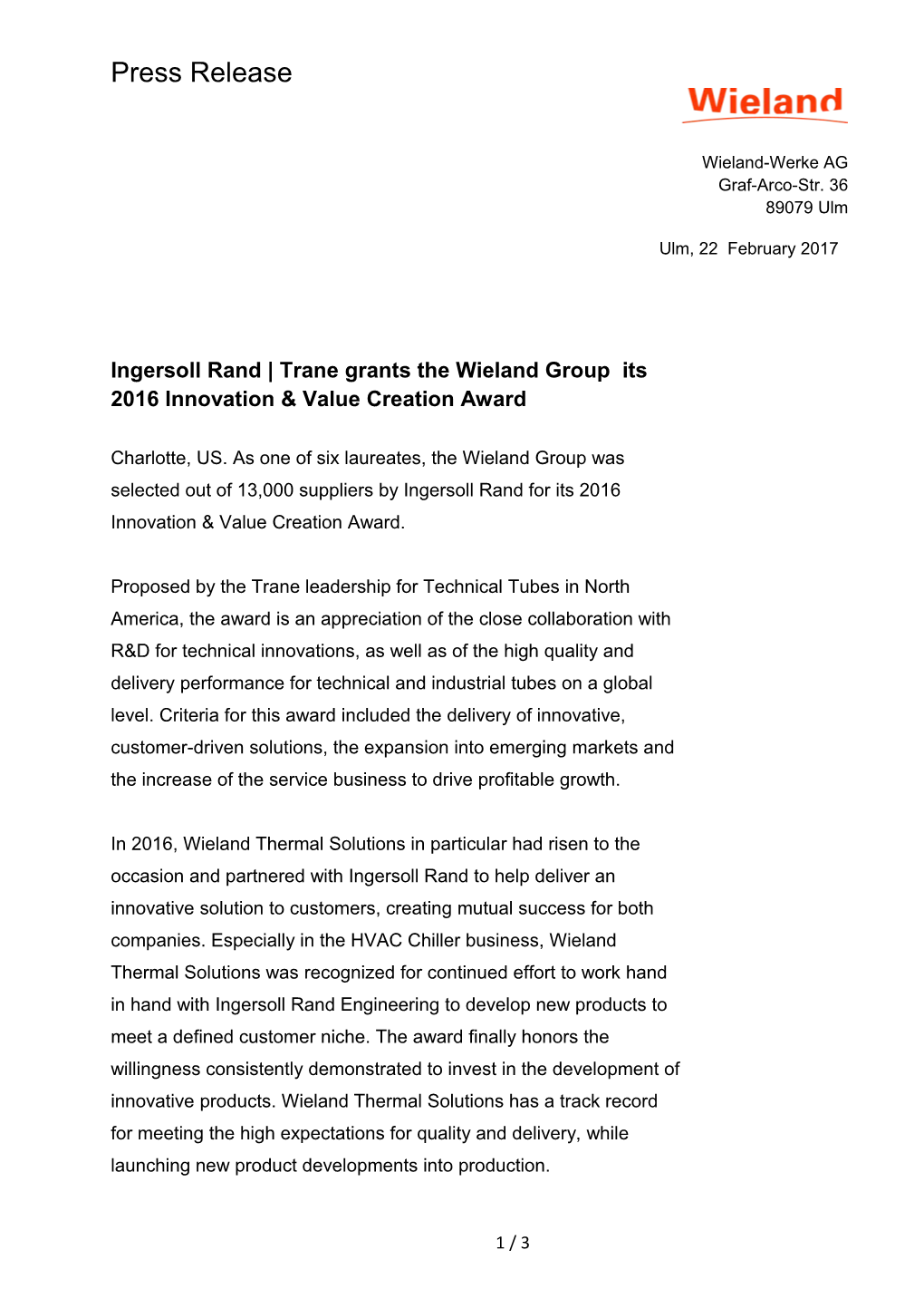 Ingersoll Rand Trane Grants the Wieland Group Its 2016 Innovation & Value Creation Award