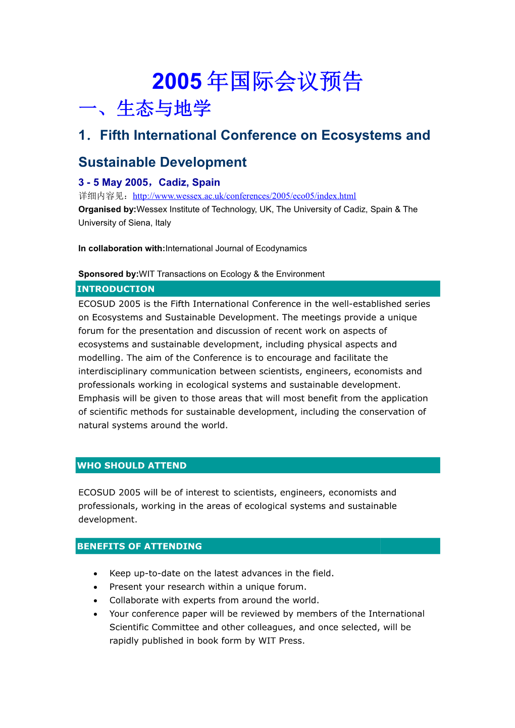 1 Fifth International Conference on Ecosystems and Sustainable Development