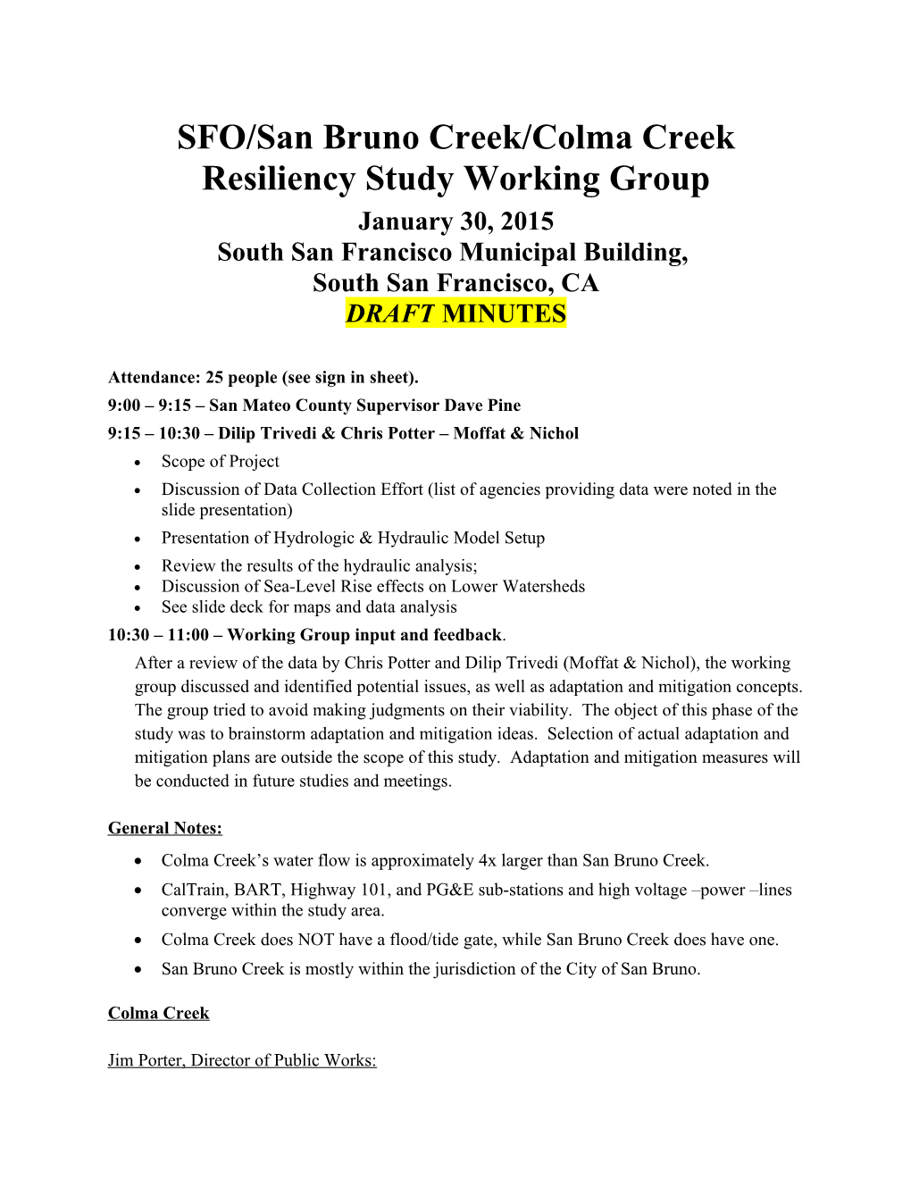 SFO/San Bruno Creek/Colma Creek Resiliency Study Working Group