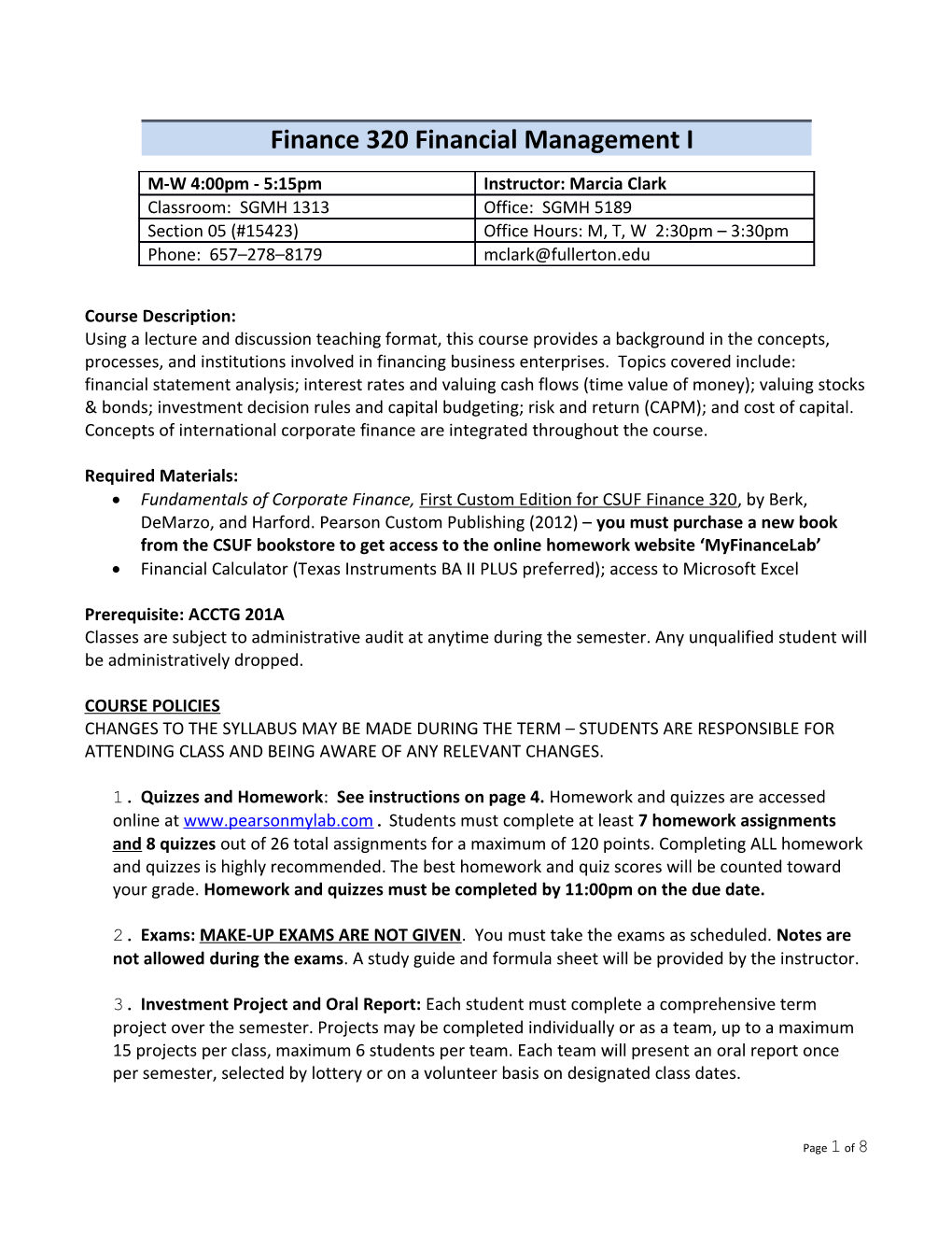 Finance 320 Financial Management I