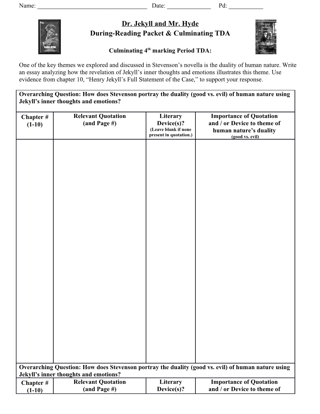 Dr. Jekyll and Mr. Hyde During-Reading Packet & Culminating TDA