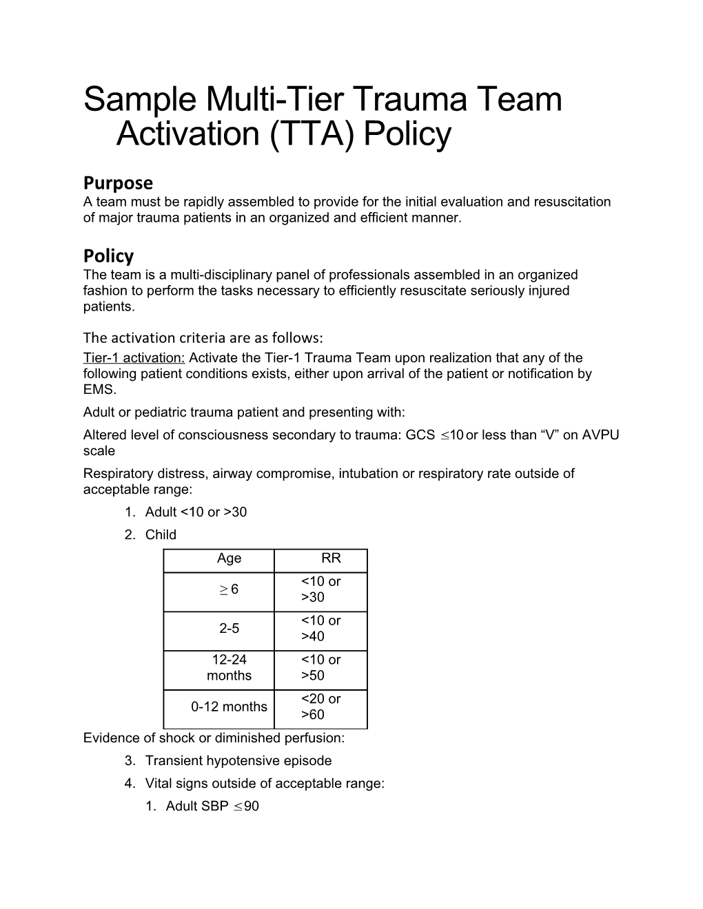 Sample Trauma Team Activation (TTA) Policy