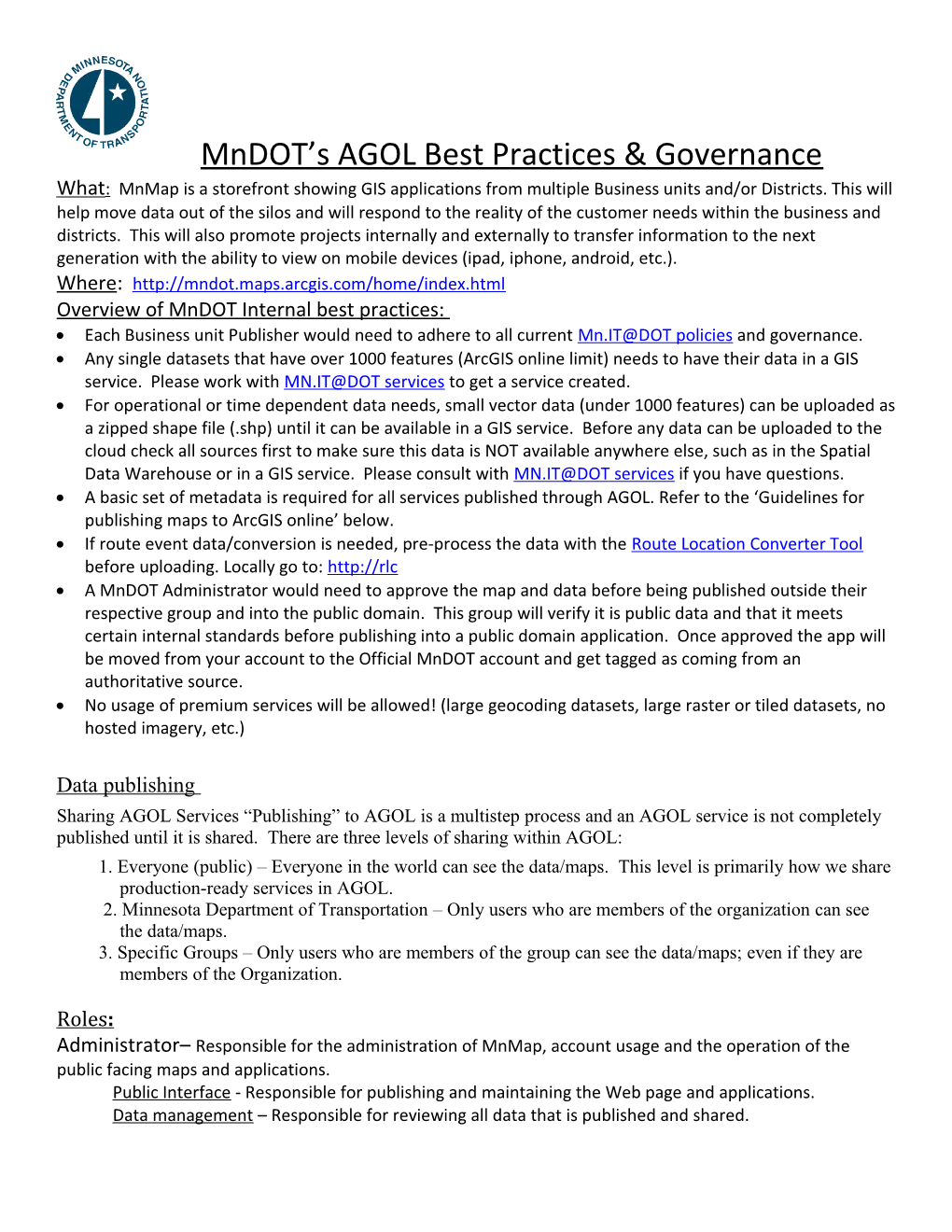 Mndot Governance and Best Practices and User Requirements