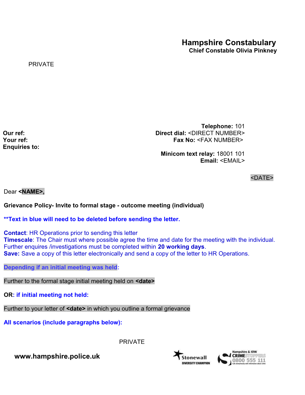 Grievance Policy- Invite to Formal Stage- Outcome Meeting (Individual)