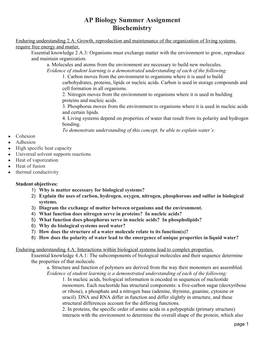 Unit 1- Biochemistry Review Sheet