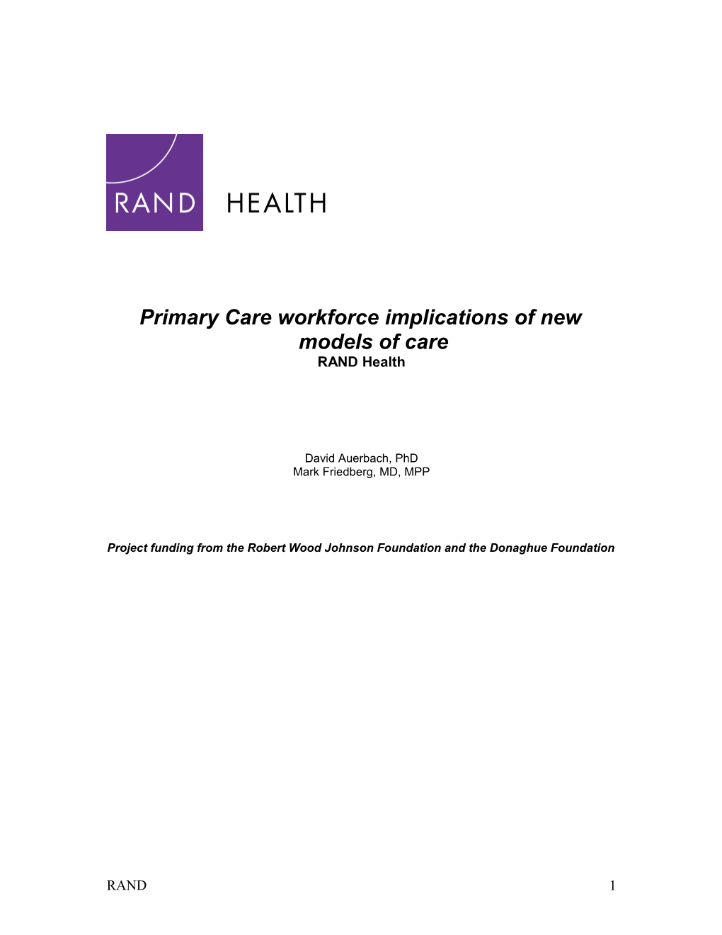 Primary Care Workforce Implications of New Models of Care