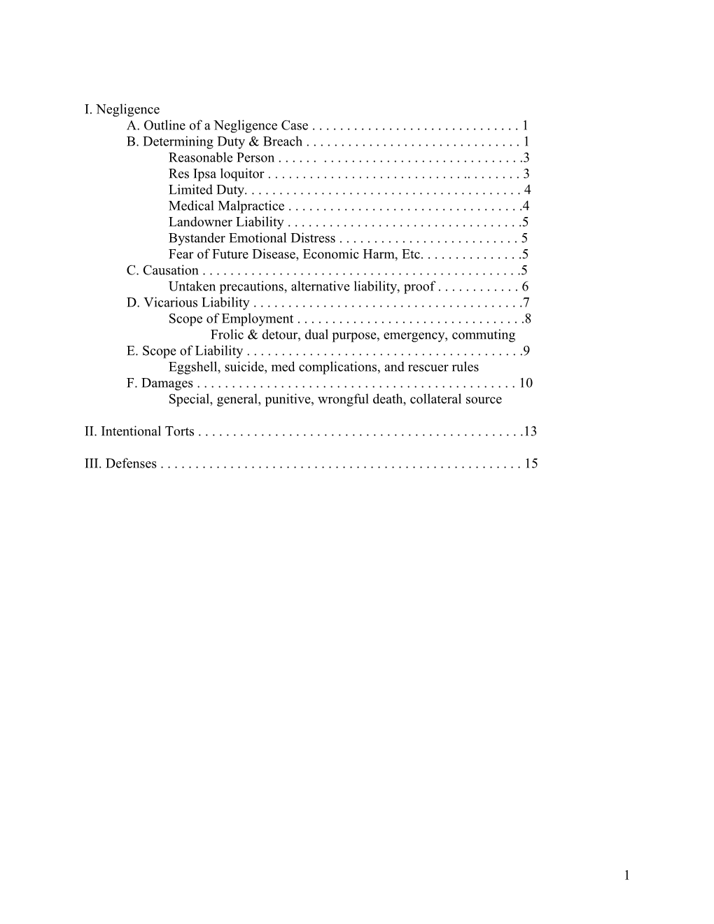 A. Outline of a Negligence Case 1