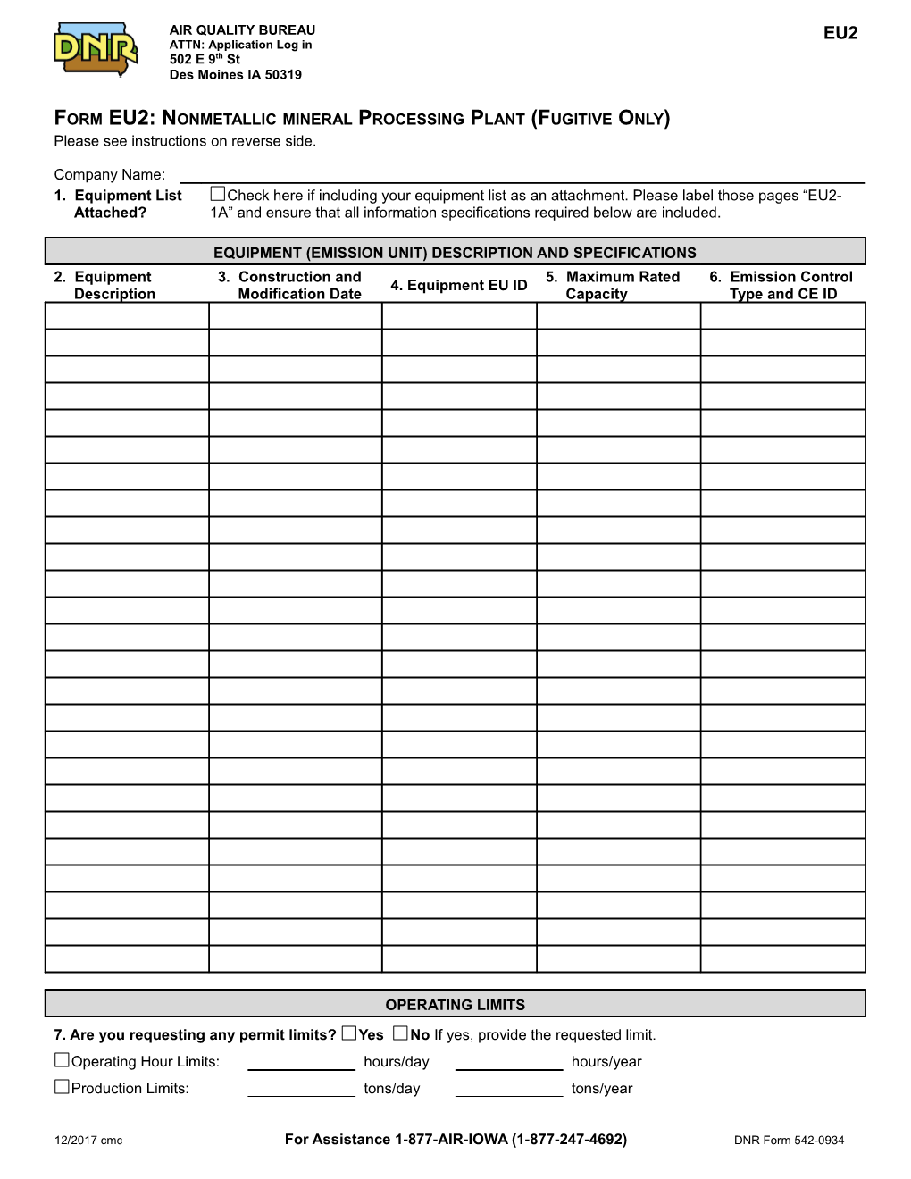 Instructions for Form EU2: Nonmetallic Mineral Processing Plant