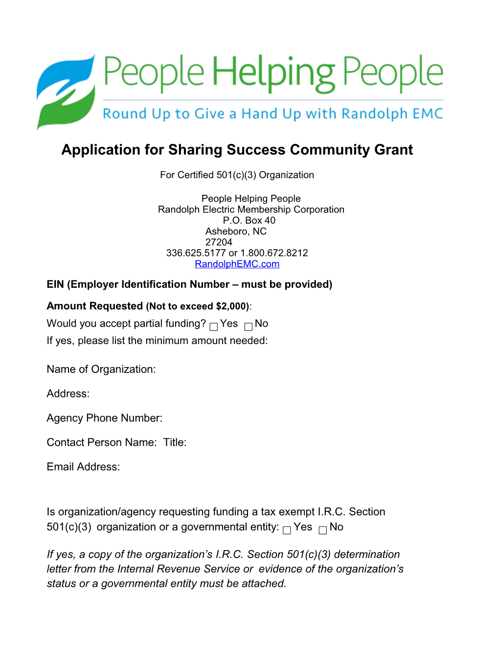 Application for Sharing Success Community Grant