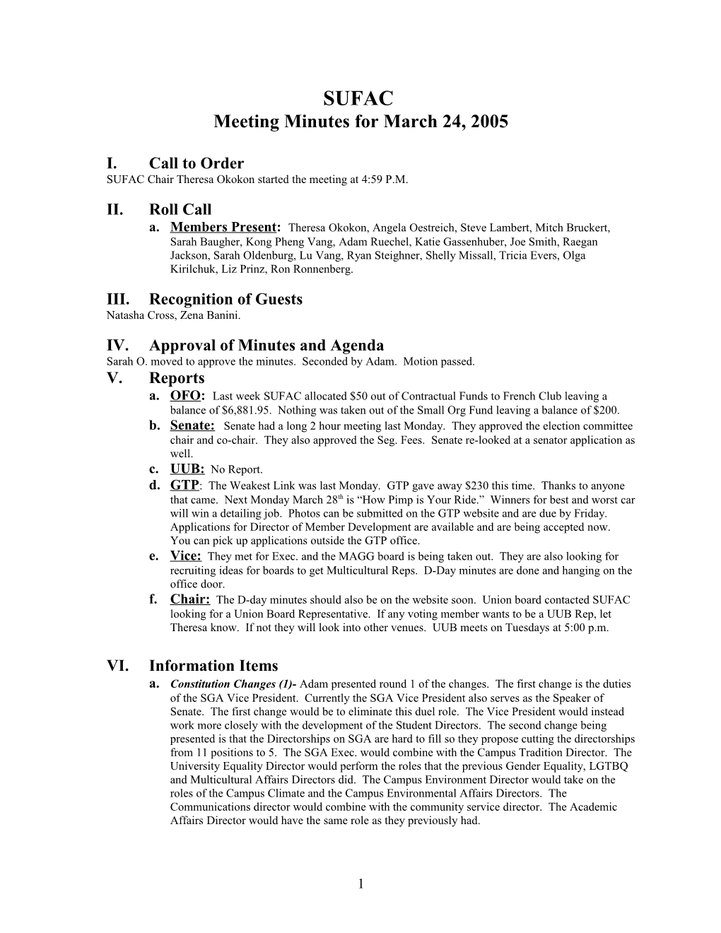 Meeting Minutes for March 24, 2005