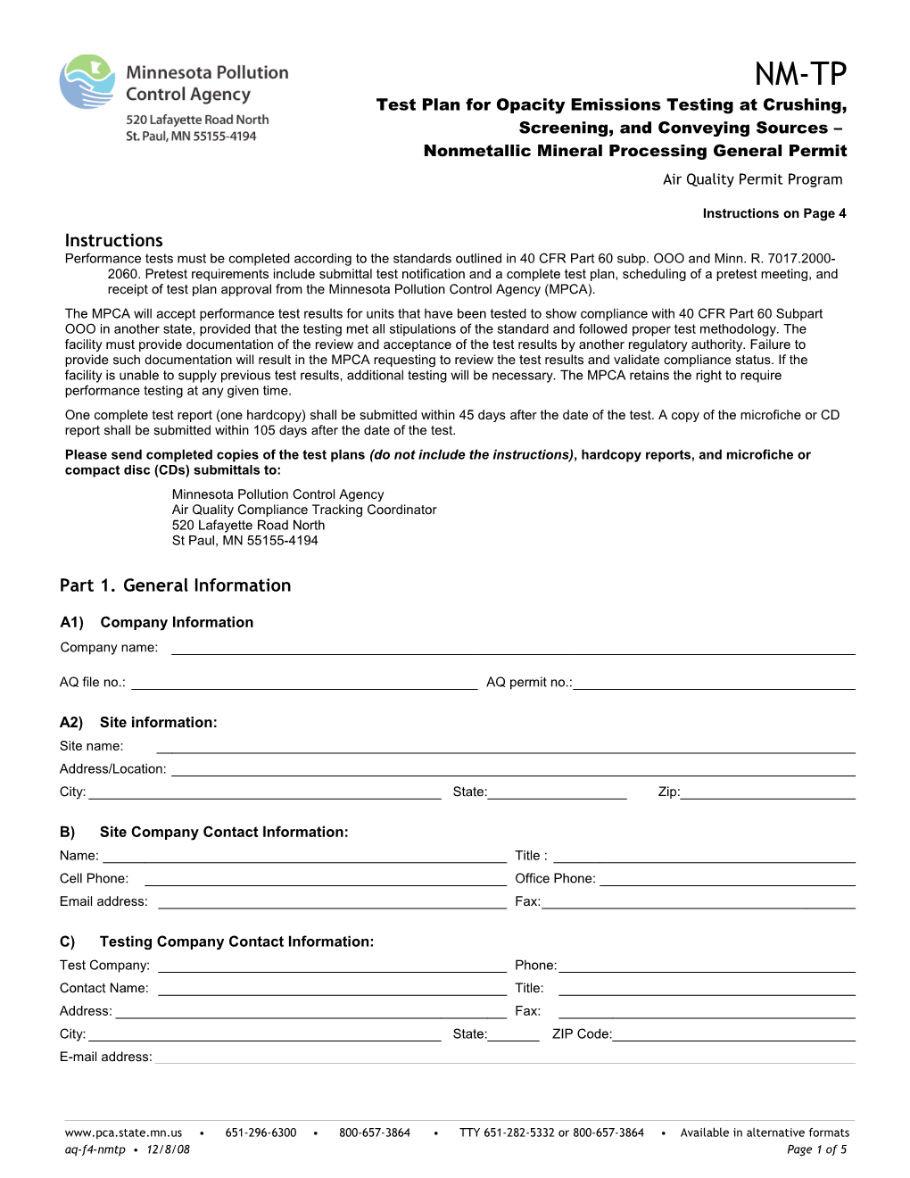 NM-TP Test Plan for Opacity Emissions Testing at Crushing, Screening, and Conveying Sources