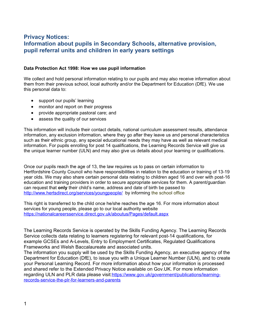 Information About Pupils in Secondary Schools, Alternative Provision