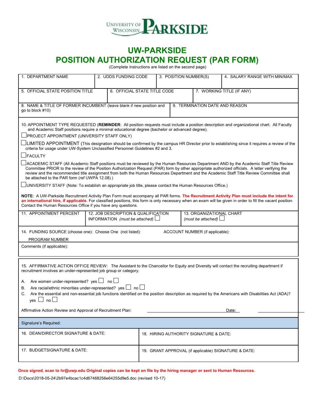 Position Authorization Request (Par Form)