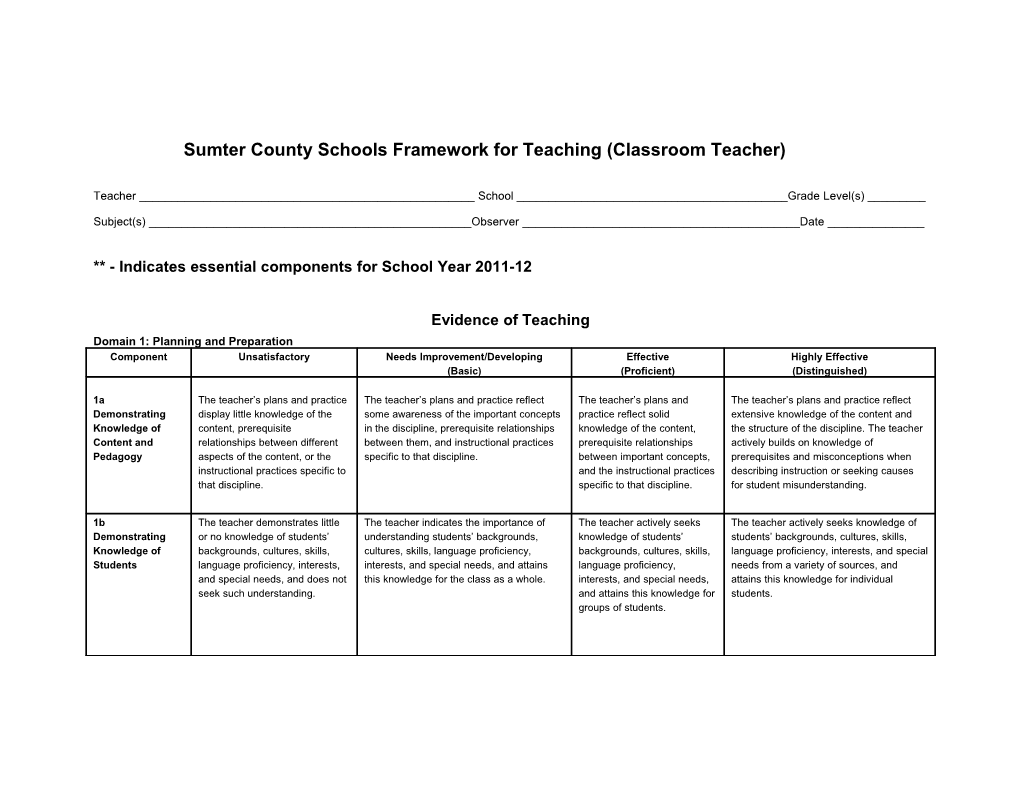 Sumter County Schools Framework for Teaching (Classroom Teacher)