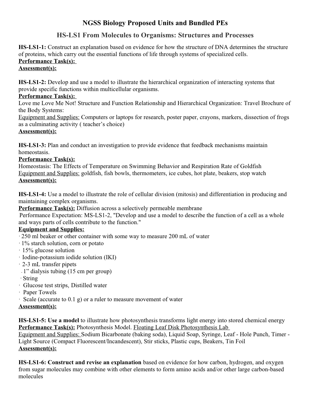 NGSS Biology Proposed Units and Bundled Pes s1