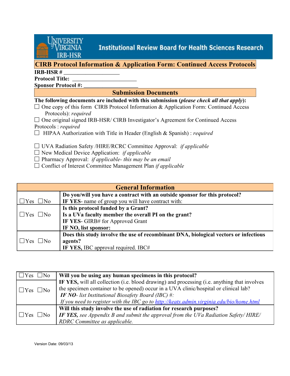 CIRB Protocol Information & Application Form: Continued Access Protocols